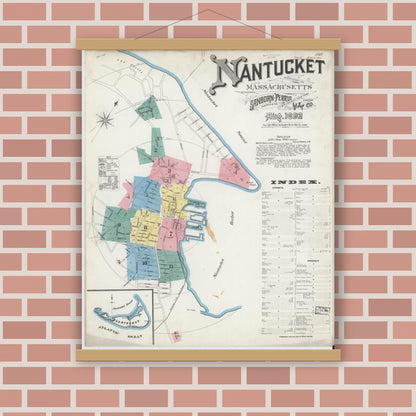 Old map wall art mockup — magnetic wood frame on brick wall — Sanborn Fire Insurance Map from Nantucket, Nantucket County, Massachusetts (1892), Sheet #0001