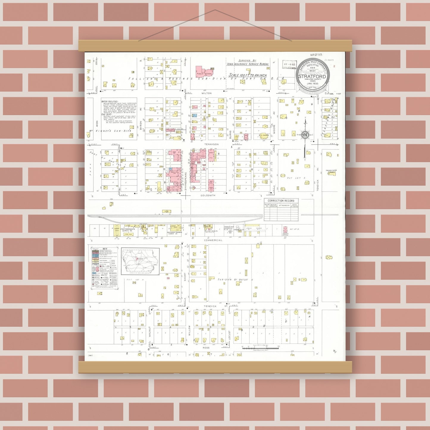 Old map wall art mockup — magnetic wood frame on brick wall — Sanborn Fire Insurance Map from Stratford, Hamilton County, Iowa (1935), Sheet #0001