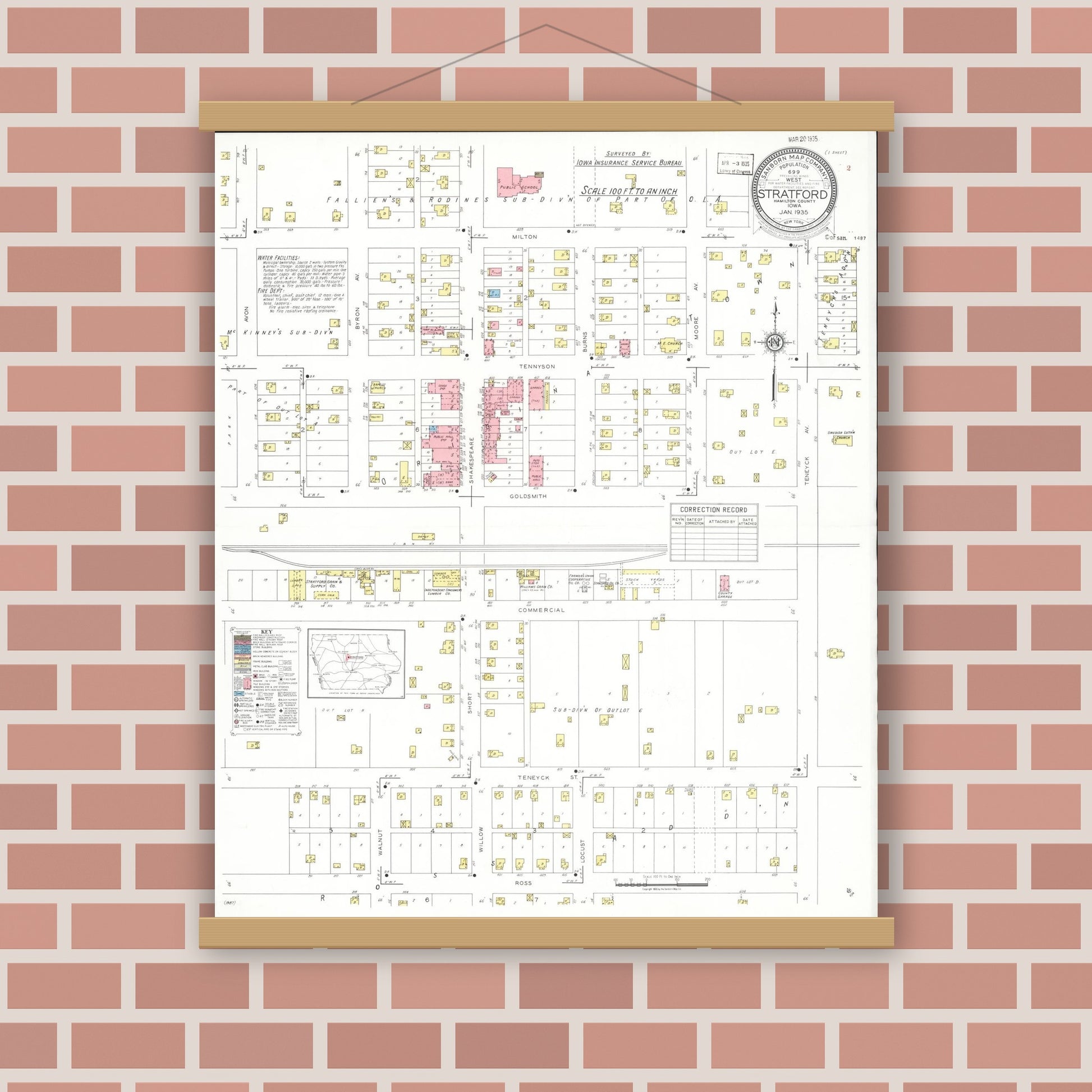 Old map wall art mockup — magnetic wood frame on brick wall — Sanborn Fire Insurance Map from Stratford, Hamilton County, Iowa (1935), Sheet #0001