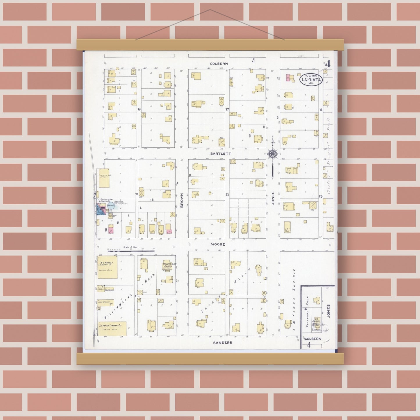 Old map wall art mockup — magnetic wood frame on brick wall — Sanborn Fire Insurance Map from La Plata, Macon County, Missouri (1909), Sheet #0004