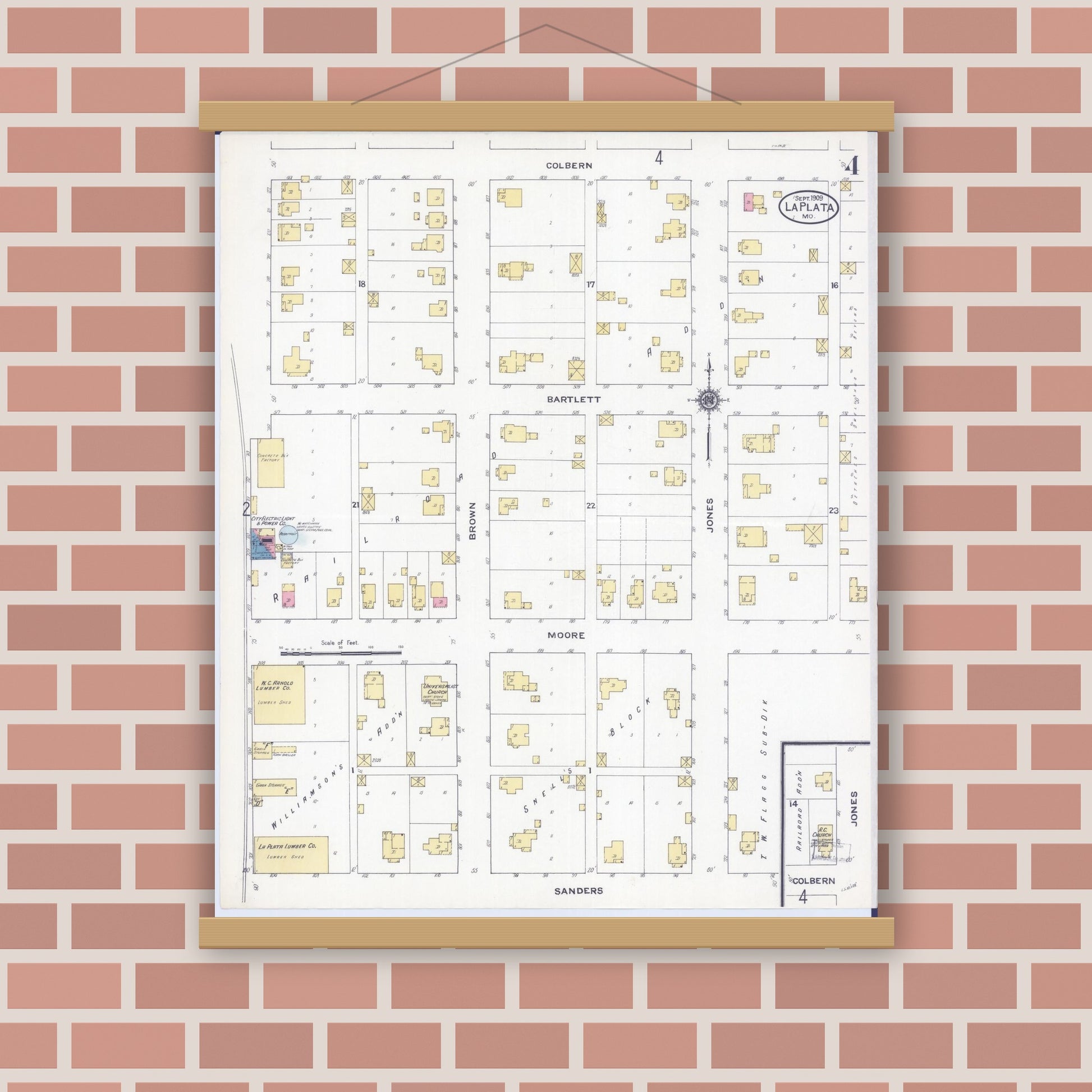 Old map wall art mockup — magnetic wood frame on brick wall — Sanborn Fire Insurance Map from La Plata, Macon County, Missouri (1909), Sheet #0004