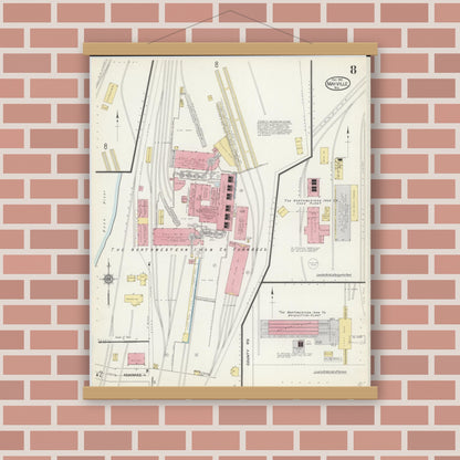 Old map wall art mockup — magnetic wood frame on brick wall — Sanborn Fire Insurance Map from Mayville, Dodge County, Wisconsin (1912), Sheet #0008