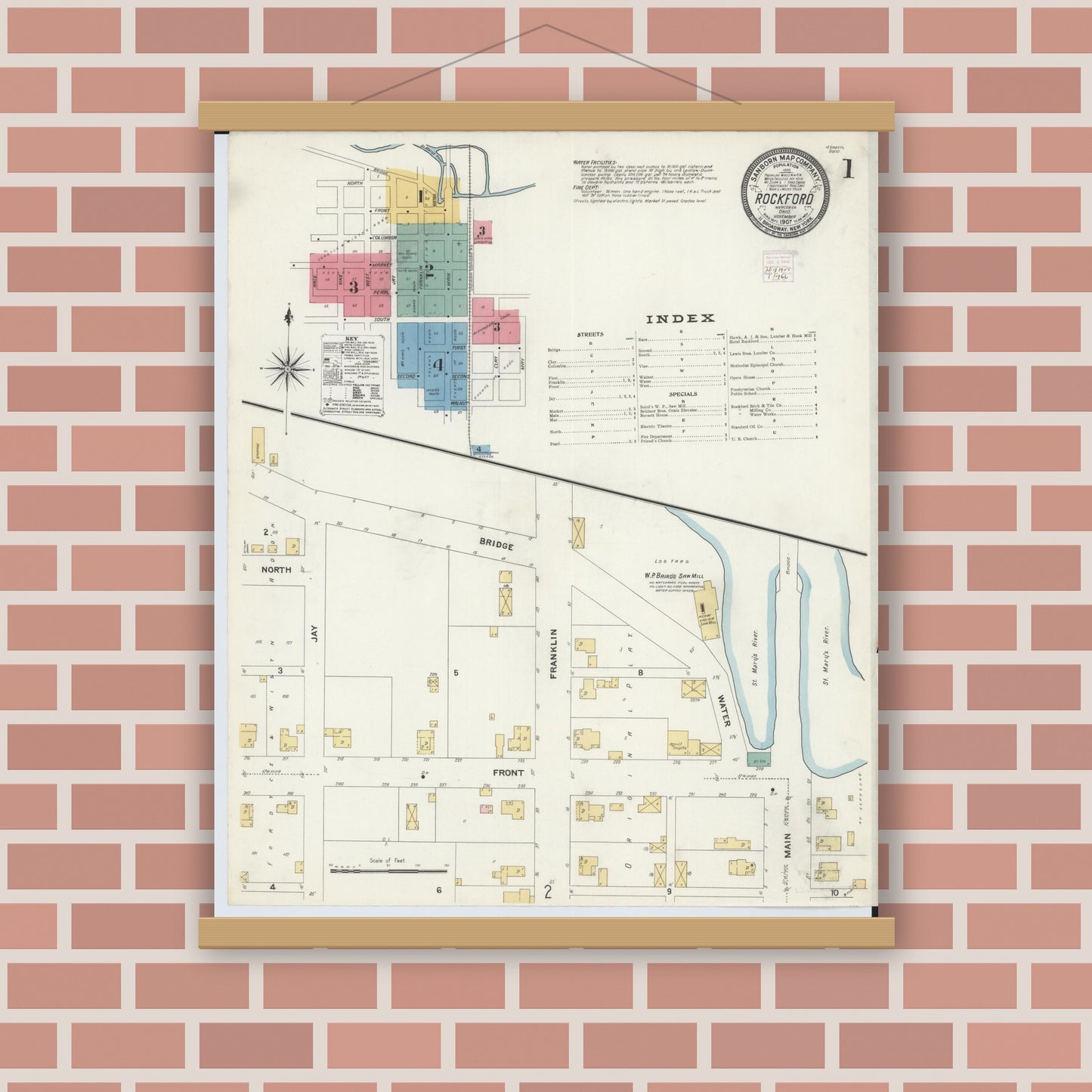 Old map wall art mockup — magnetic wood frame on brick wall — Sanborn Fire Insurance Map from Rockford, Mercer County, Ohio (1907) - Complete Map Set