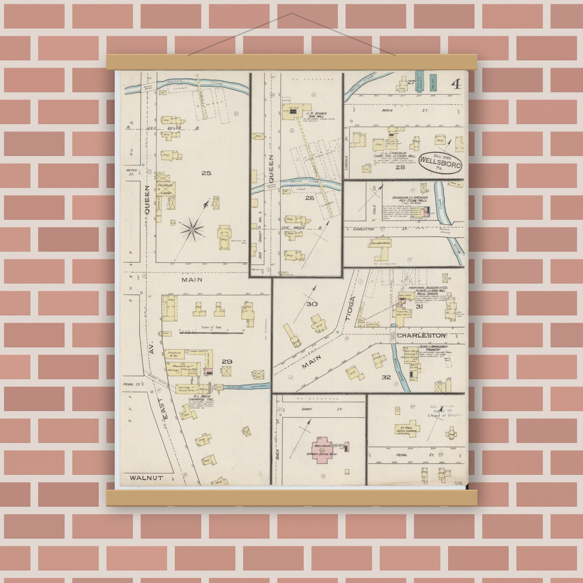 Old map wall art mockup — magnetic wood frame on brick wall — Sanborn Fire Insurance Map from Wellsboro, Tioga County, Pennsylvania (1885), Sheet #0004
