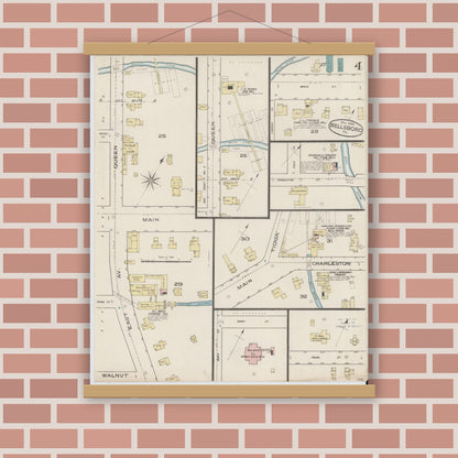 Old map wall art mockup — magnetic wood frame on brick wall — Sanborn Fire Insurance Map from Wellsboro, Tioga County, Pennsylvania (1885), Sheet #0004