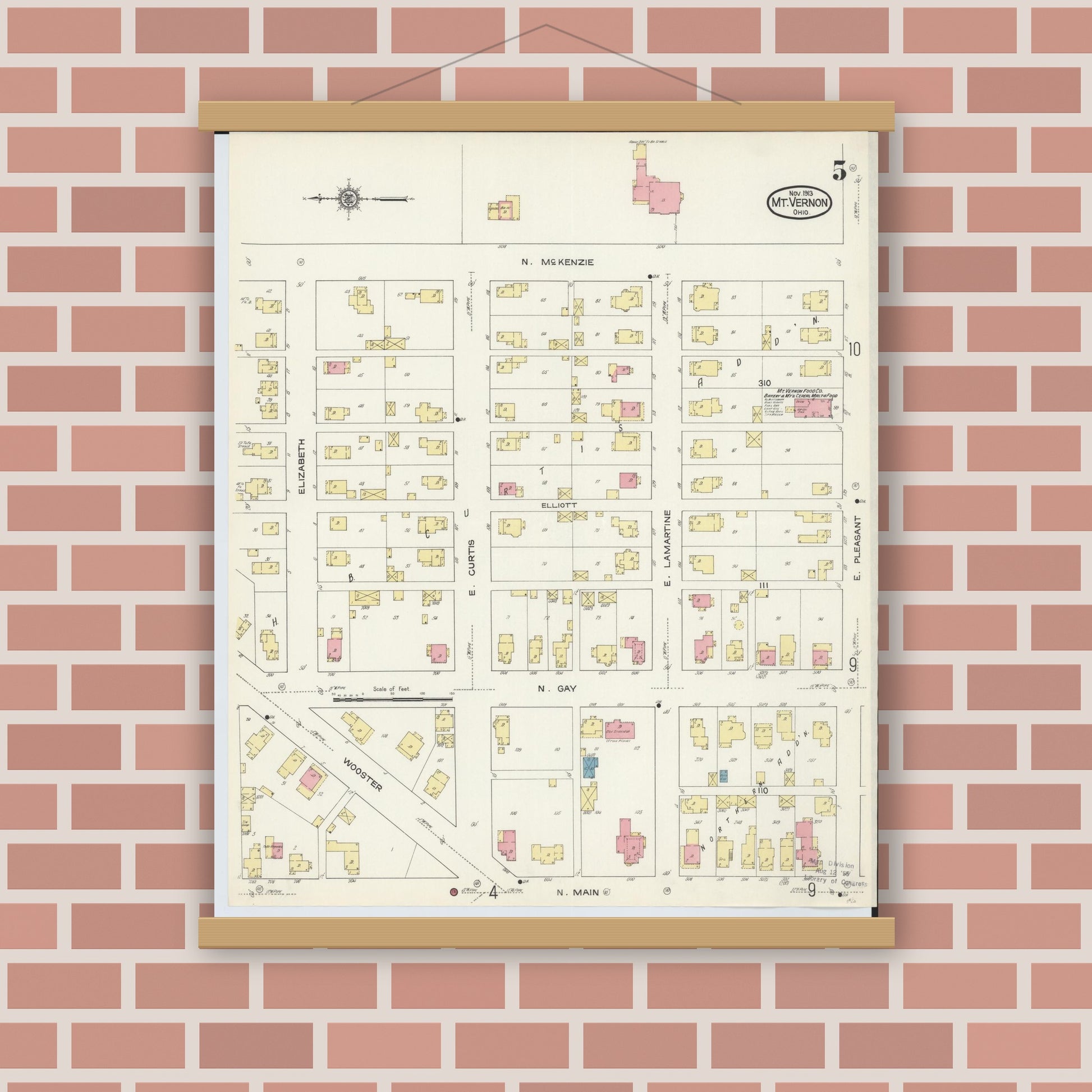 Old map wall art mockup — magnetic wood frame on brick wall — Sanborn Fire Insurance Map from Mount Vernon, Knox County, Ohio (1913), Sheet #0005