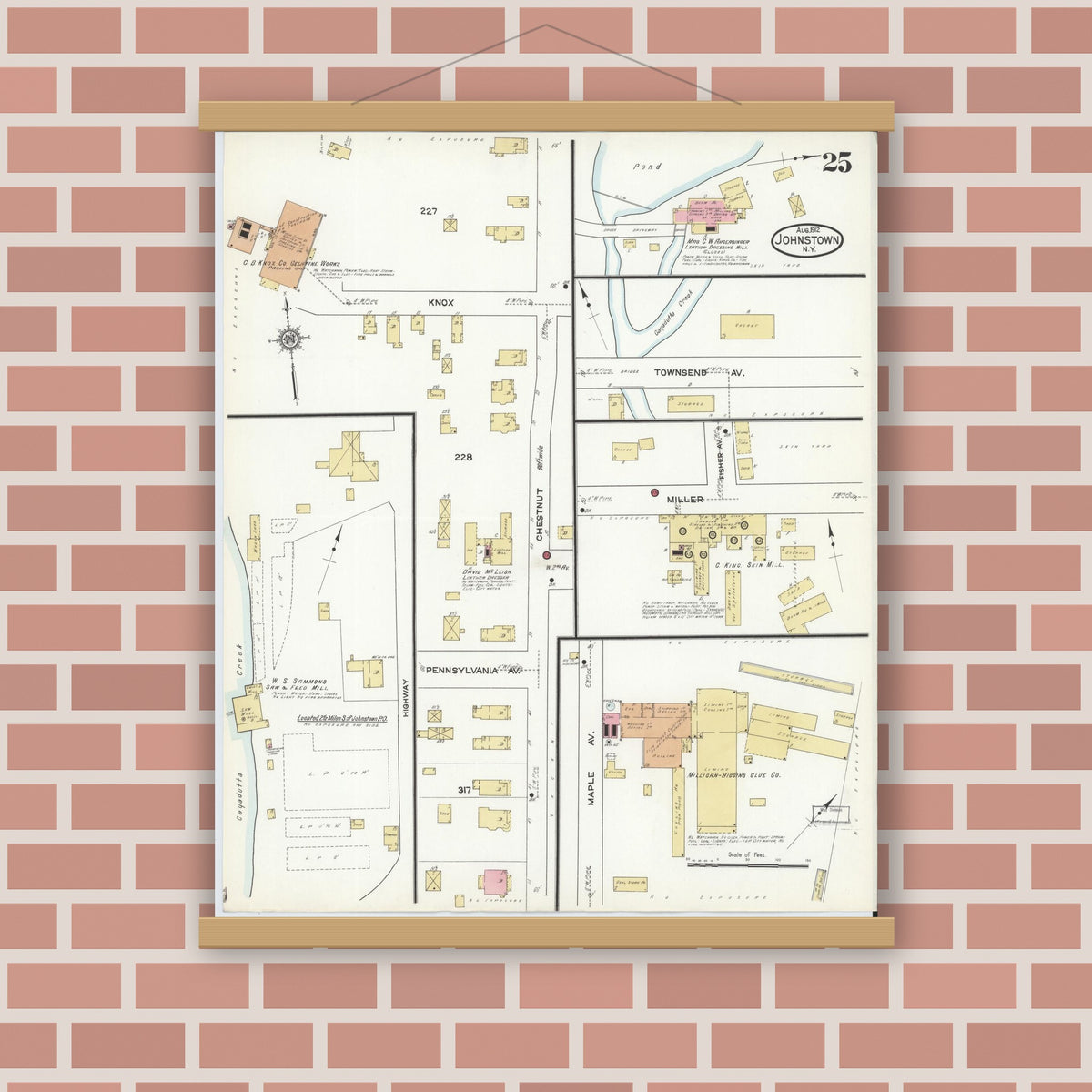Old map wall art mockup — magnetic wood frame on brick wall — Sanborn Fire Insurance Map from Johnstown, Fulton County, New York (1912), Sheet #0025