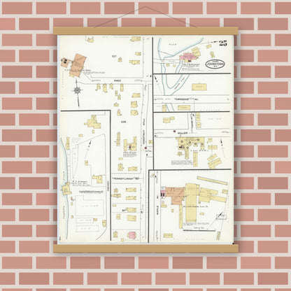 Old map wall art mockup — magnetic wood frame on brick wall — Sanborn Fire Insurance Map from Johnstown, Fulton County, New York (1912), Sheet #0025