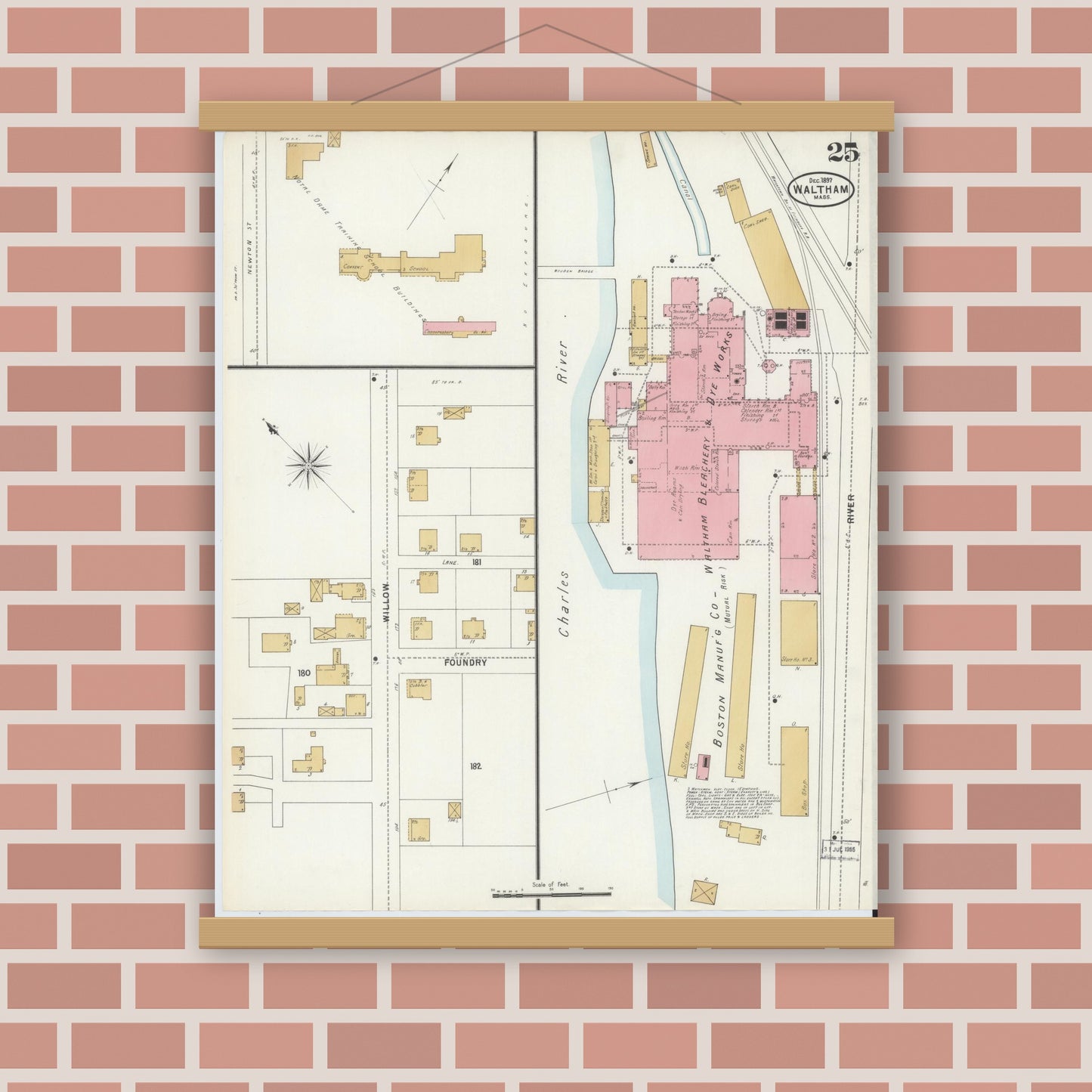 Old map wall art mockup — magnetic wood frame on brick wall — Sanborn Fire Insurance Map from Waltham, Middlesex County, Massachusetts (1897), Sheet #0025
