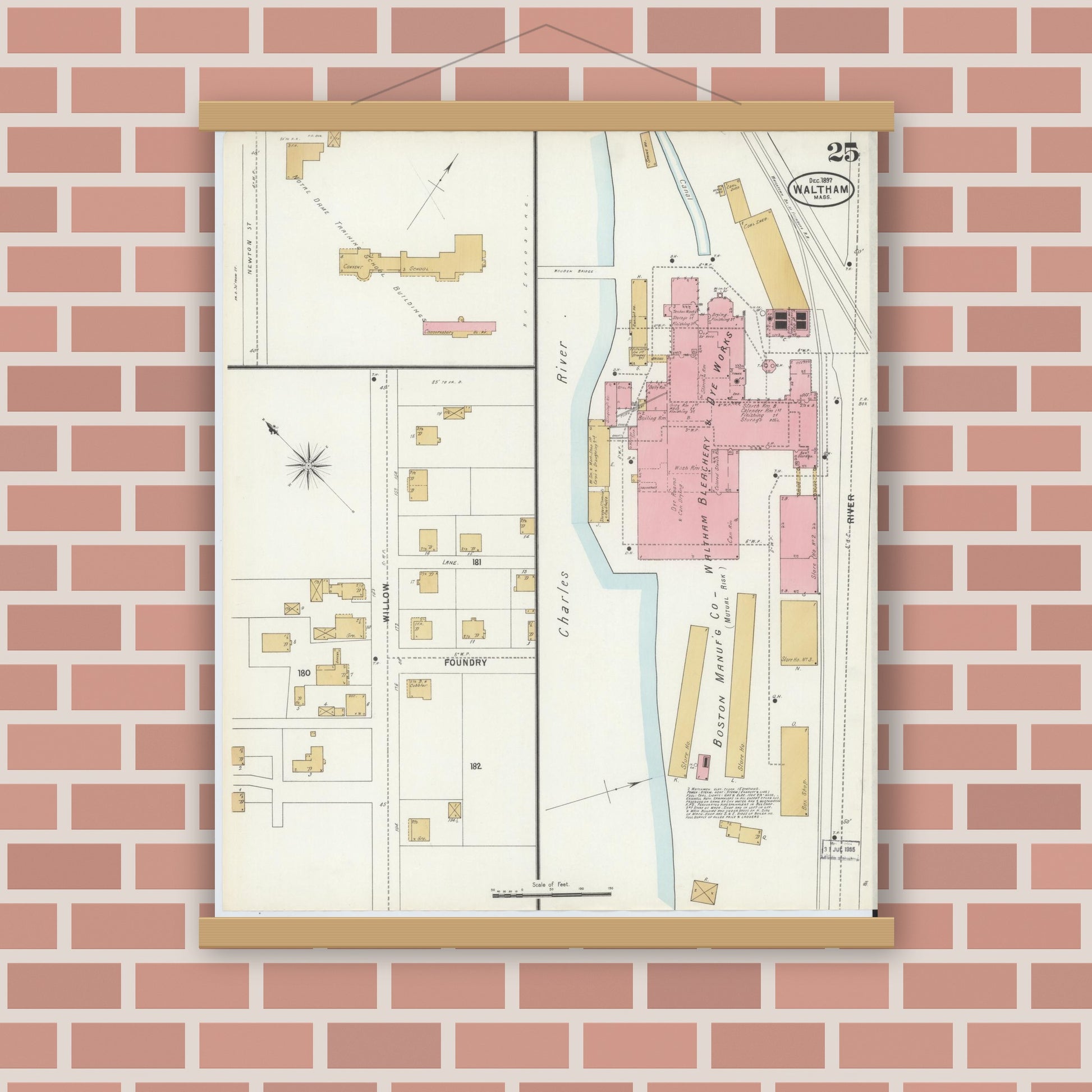 Old map wall art mockup — magnetic wood frame on brick wall — Sanborn Fire Insurance Map from Waltham, Middlesex County, Massachusetts (1897), Sheet #0025