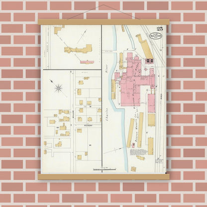 Old map wall art mockup — magnetic wood frame on brick wall — Sanborn Fire Insurance Map from Waltham, Middlesex County, Massachusetts (1897), Sheet #0025