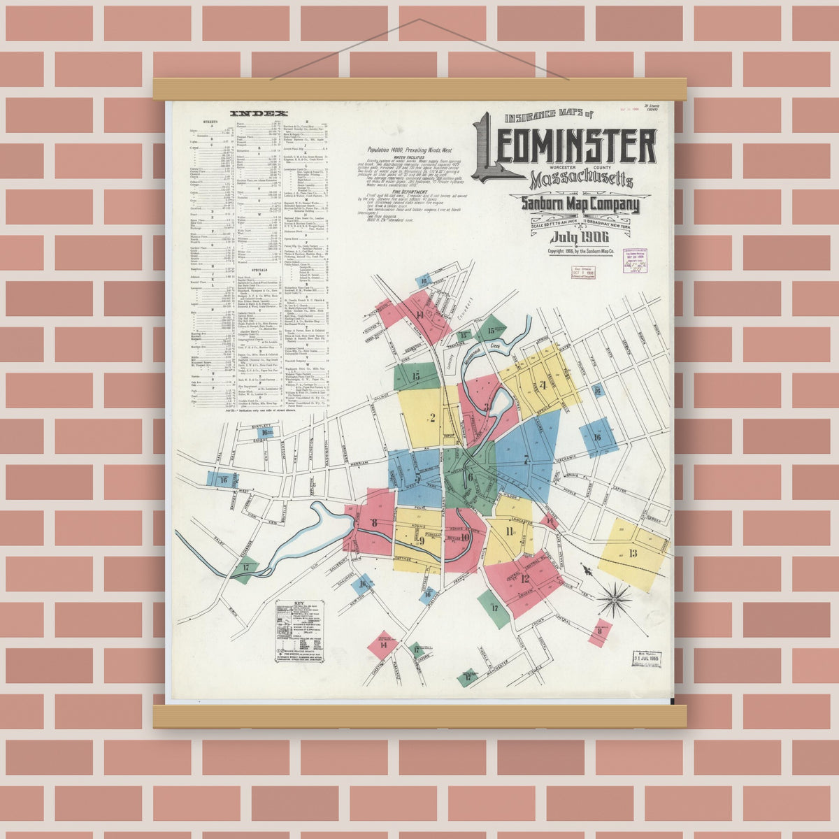 Old map wall art mockup — magnetic wood frame on brick wall — Sanborn Fire Insurance Map from Leominster, Worcester County, Massachusetts (1906) - Complete Map Set