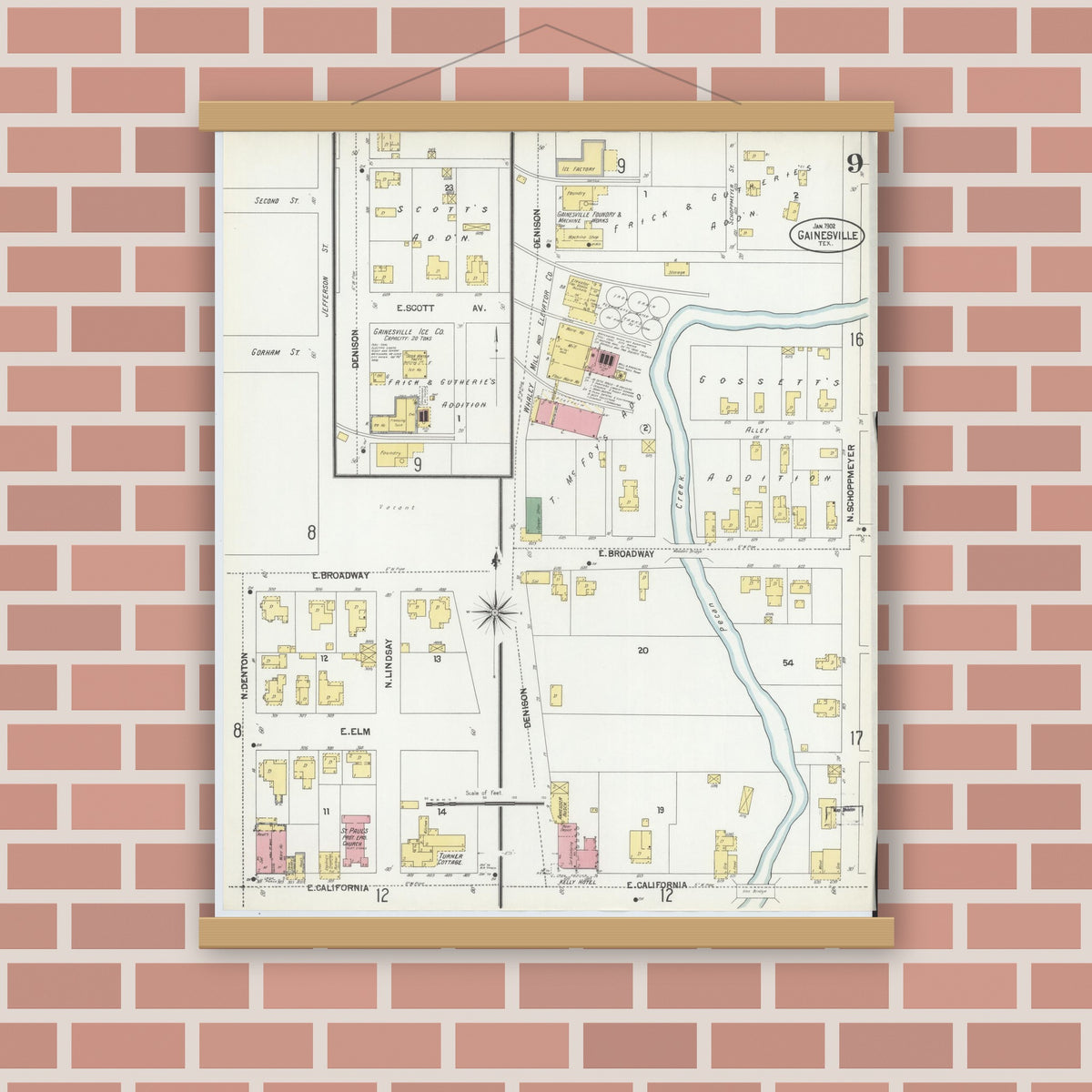 Old map wall art mockup — magnetic wood frame on brick wall — Sanborn Fire Insurance Map from Gainesville, Cooke County, Texas (1902), Sheet #0009