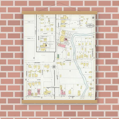Old map wall art mockup — magnetic wood frame on brick wall — Sanborn Fire Insurance Map from Gainesville, Cooke County, Texas (1902), Sheet #0009