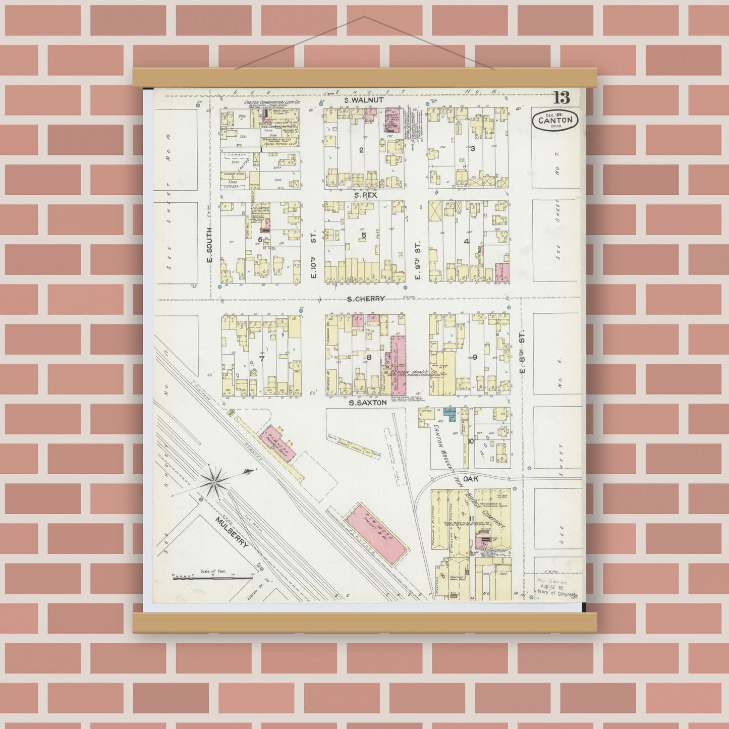Old map wall art mockup — magnetic wood frame on brick wall — Sanborn Fire Insurance Map from Canton, Stark County, Ohio (1891), Sheet #0013