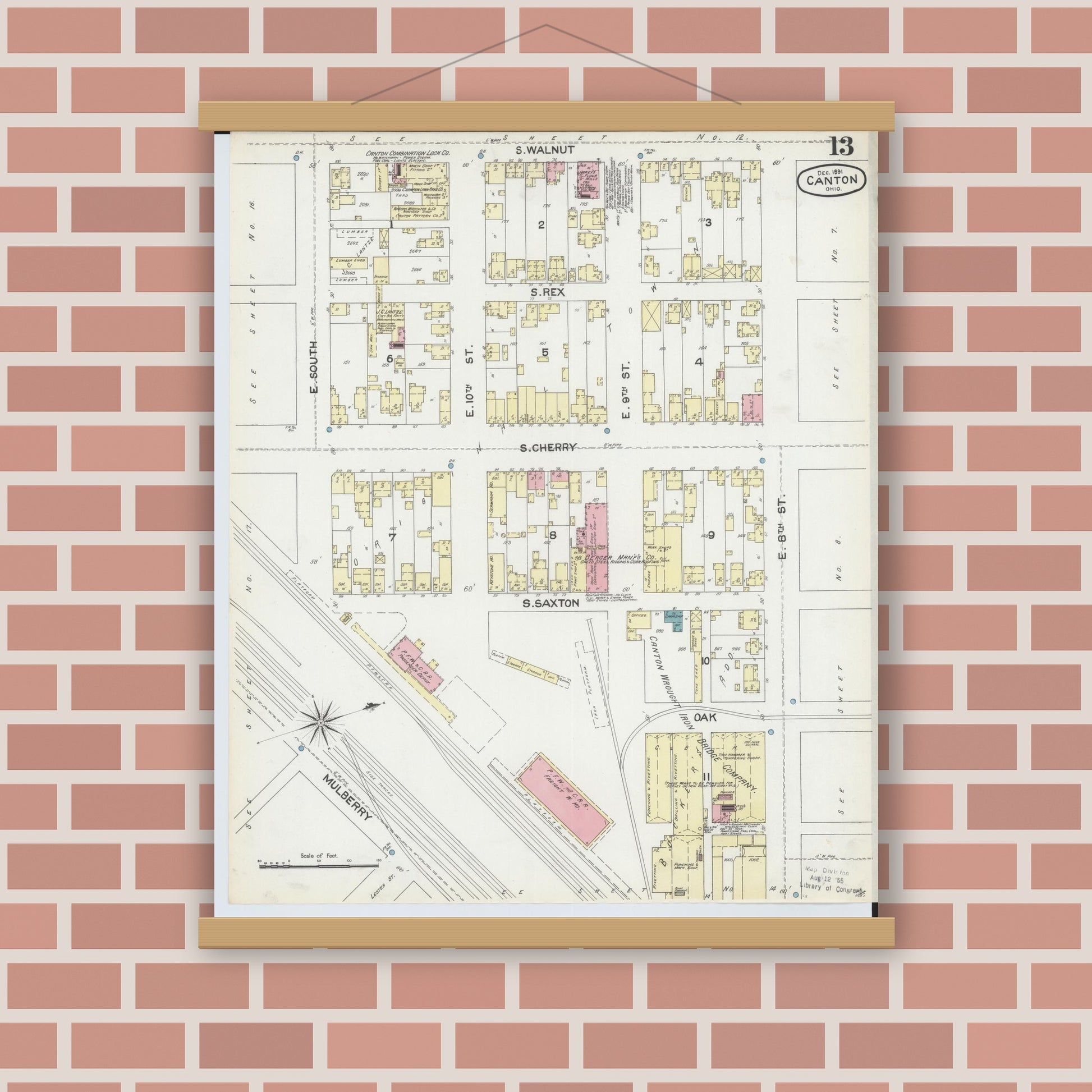 Old map wall art mockup — magnetic wood frame on brick wall — Sanborn Fire Insurance Map from Canton, Stark County, Ohio (1891), Sheet #0013