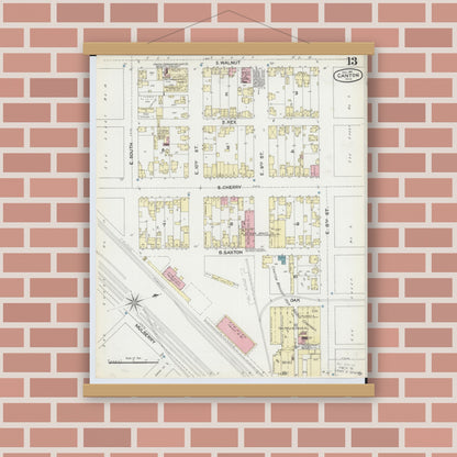 Old map wall art mockup — magnetic wood frame on brick wall — Sanborn Fire Insurance Map from Canton, Stark County, Ohio (1891), Sheet #0013