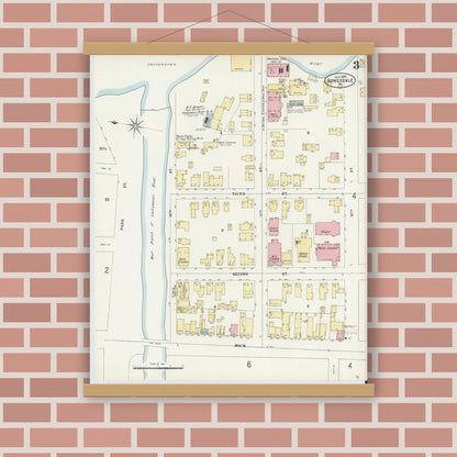 Old map wall art mockup — magnetic wood frame on brick wall — Sanborn Fire Insurance Map from Honesdale, Wayne County, Pennsylvania (1897), Sheet #0003