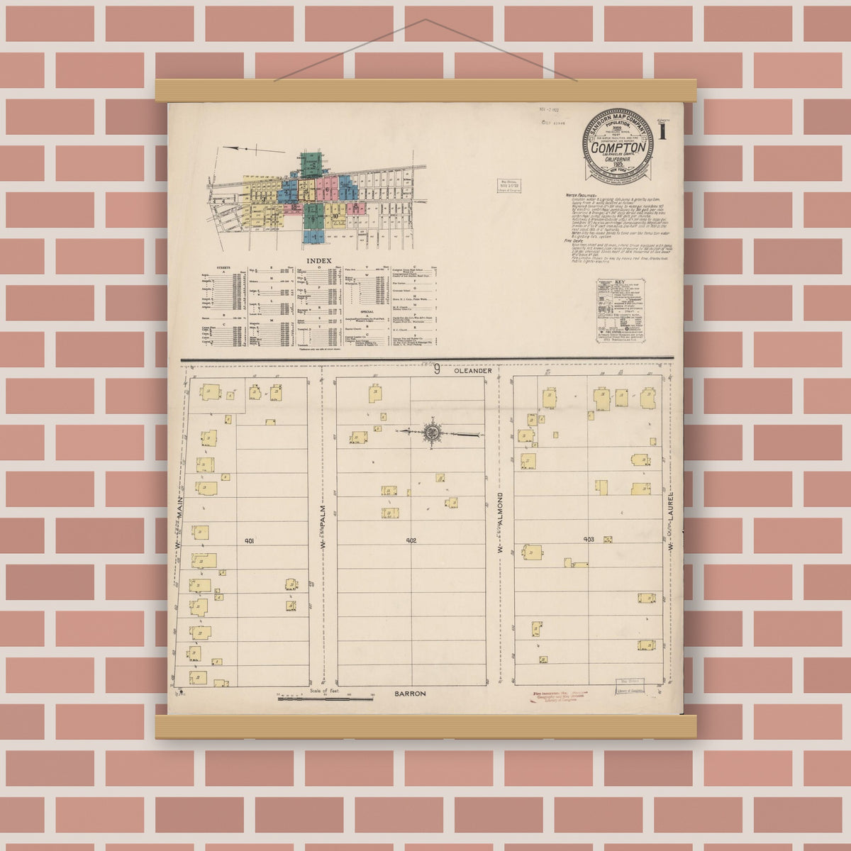 Old map wall art mockup — magnetic wood frame on brick wall — Sanborn Fire Insurance Map from Compton, Los Angeles County, California (1922), Sheet #0001