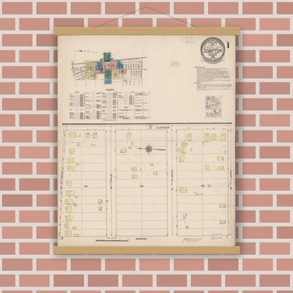 Old map wall art mockup — magnetic wood frame on brick wall — Sanborn Fire Insurance Map from Compton, Los Angeles County, California (1922), Sheet #0001