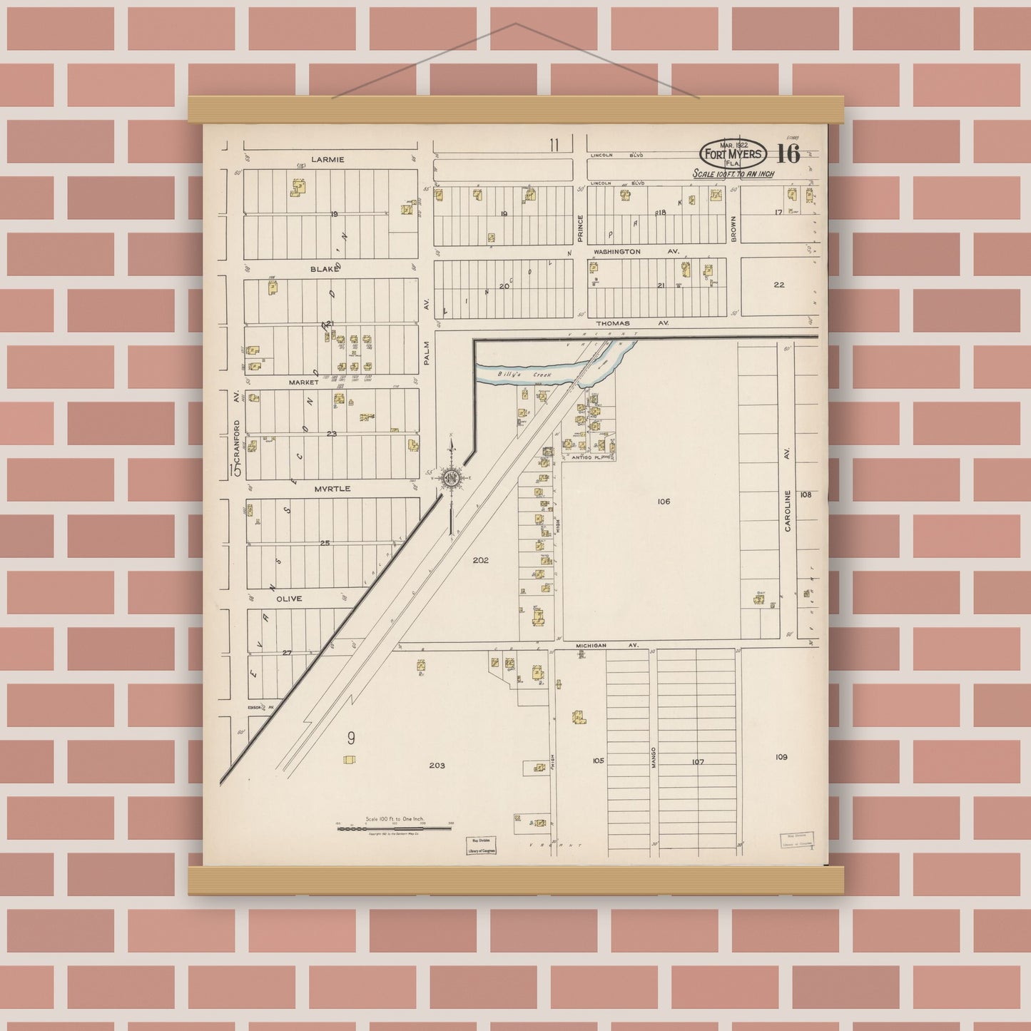 Old map wall art mockup — magnetic wood frame on brick wall — Sanborn Fire Insurance Map from Fort Myers, Lee County, Florida (1922), Sheet #0016