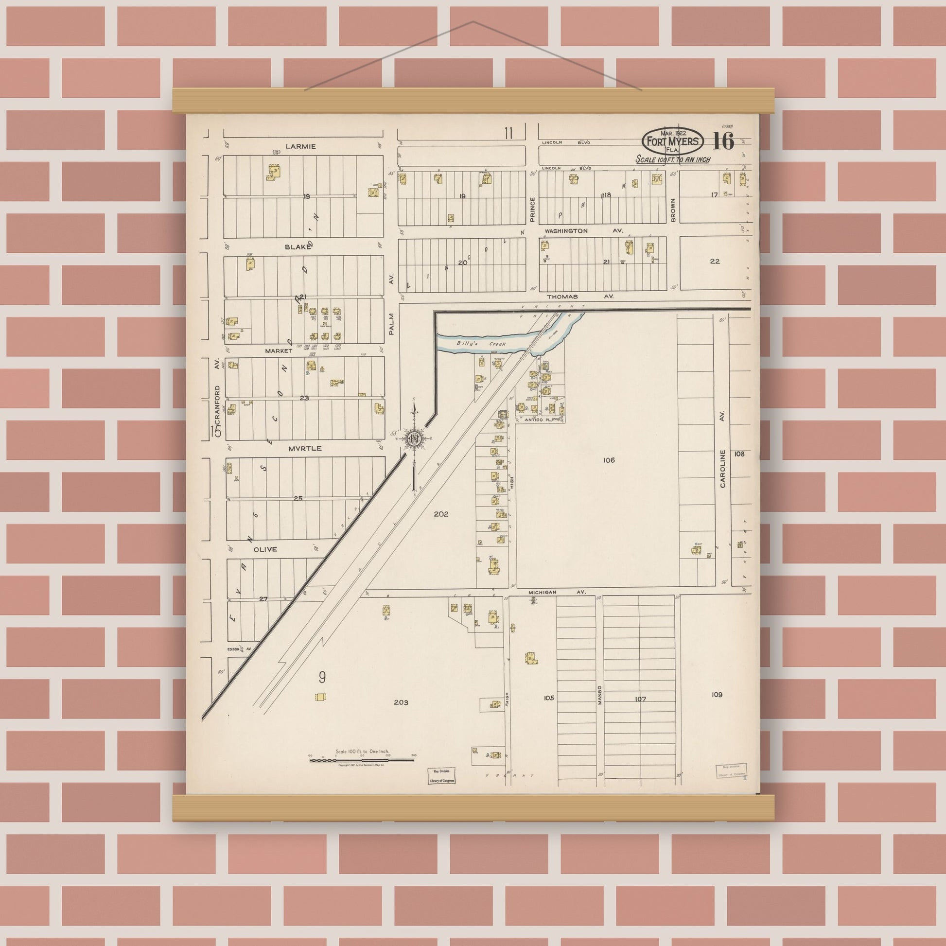 Old map wall art mockup — magnetic wood frame on brick wall — Sanborn Fire Insurance Map from Fort Myers, Lee County, Florida (1922), Sheet #0016