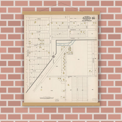 Old map wall art mockup — magnetic wood frame on brick wall — Sanborn Fire Insurance Map from Fort Myers, Lee County, Florida (1922), Sheet #0016