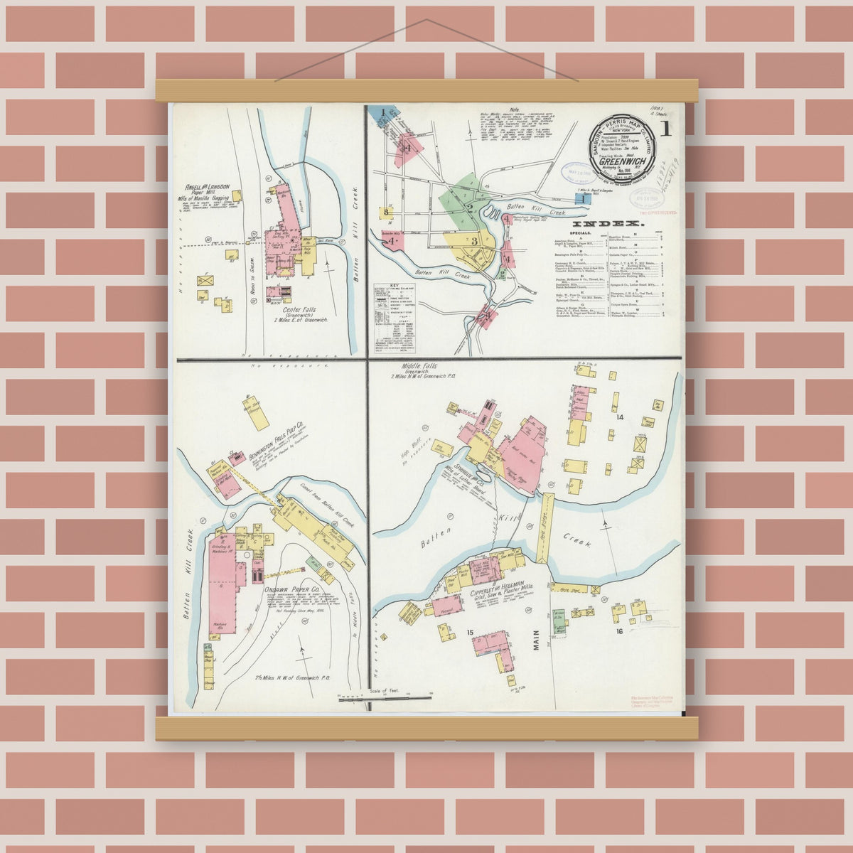 Old map wall art mockup — magnetic wood frame on brick wall — Sanborn Fire Insurance Map from Greenwich, Washington County, New York (1898) - Complete Map Set