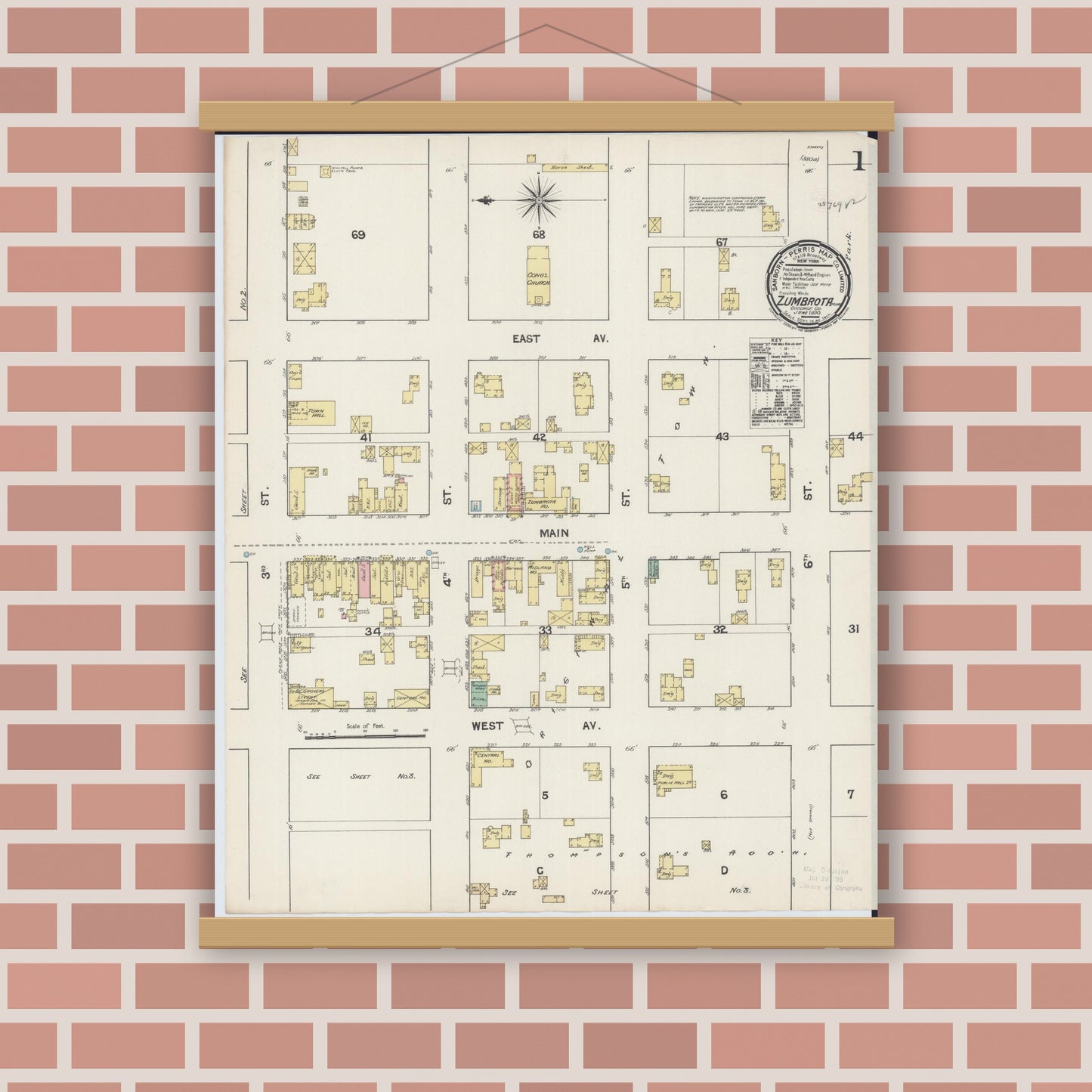 Old map wall art mockup — magnetic wood frame on brick wall — Sanborn Fire Insurance Map from Zumbrota, Goodhue County, Minnesota (1890) - Complete Map Set