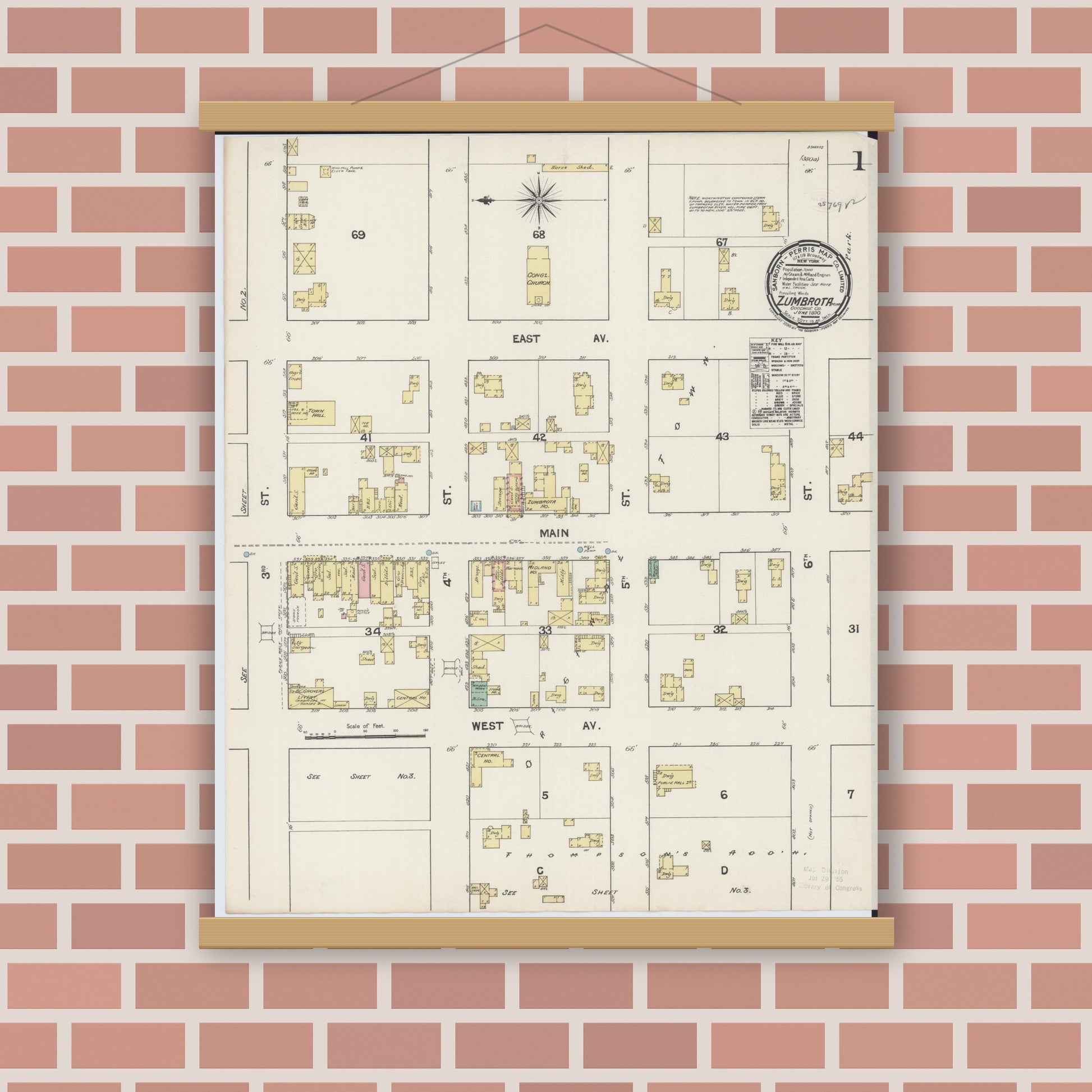 Old map wall art mockup — magnetic wood frame on brick wall — Sanborn Fire Insurance Map from Zumbrota, Goodhue County, Minnesota (1890) - Complete Map Set