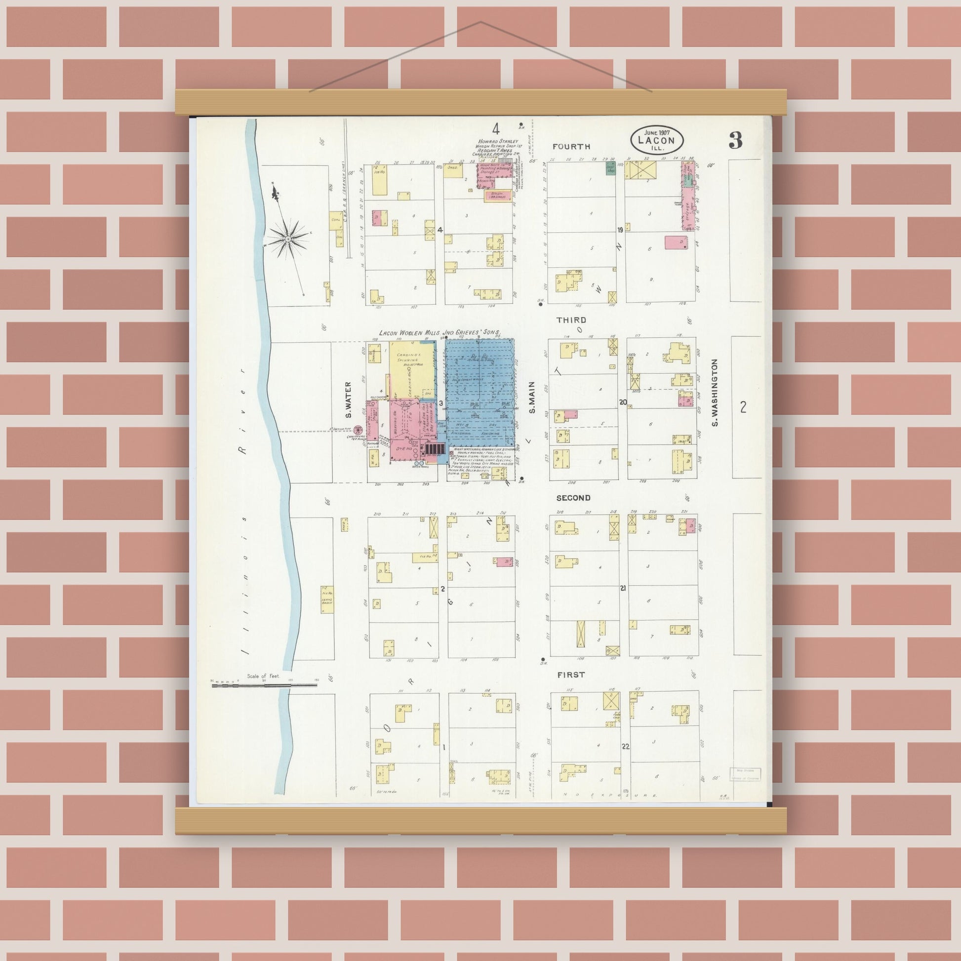 Old map wall art mockup — magnetic wood frame on brick wall — Sanborn Fire Insurance Map from Lacon, Marshall County, Illinois (1907), Sheet #0003