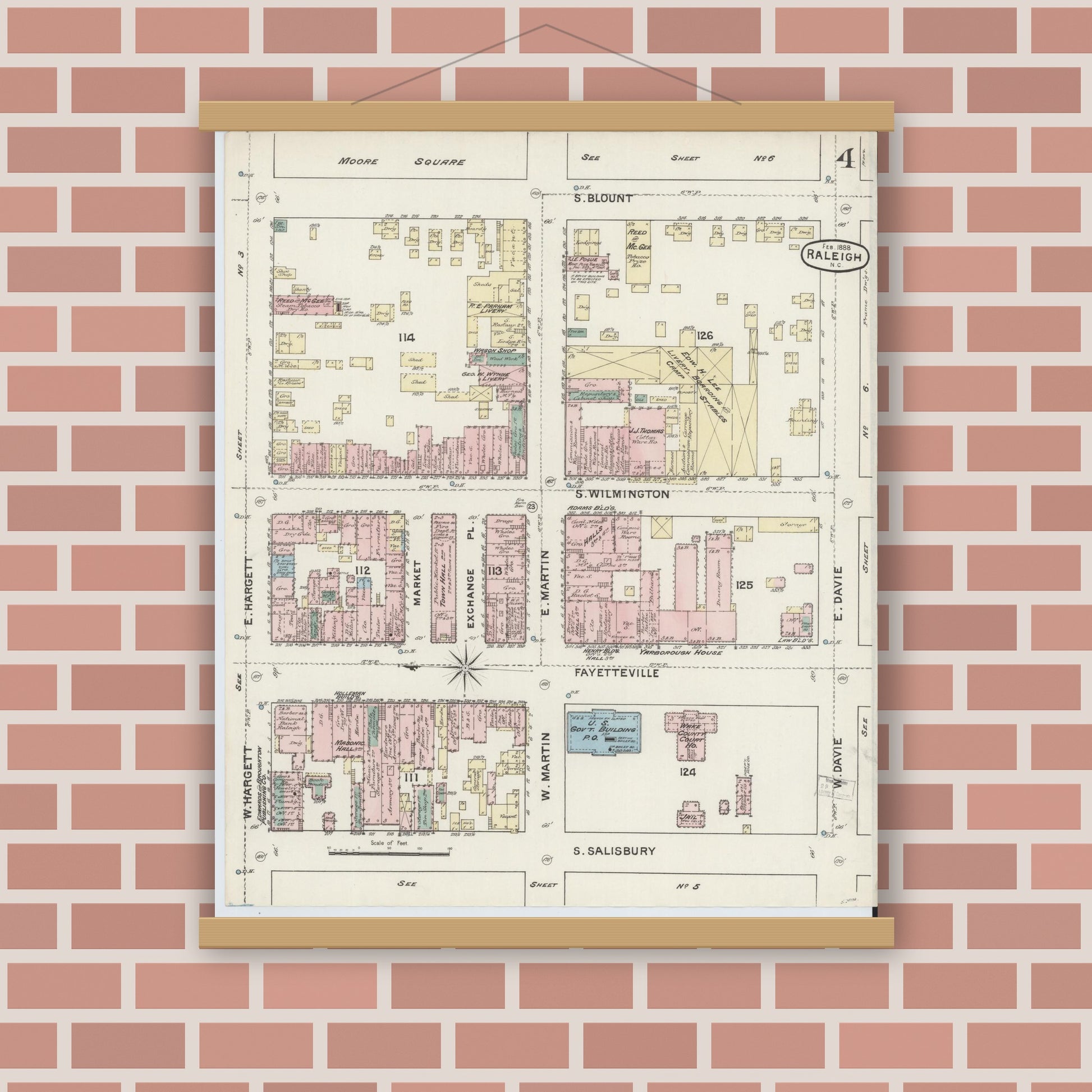 Old map wall art mockup — magnetic wood frame on brick wall — Sanborn Fire Insurance Map from Raleigh, Wake County, North Carolina (1888), Sheet #0004