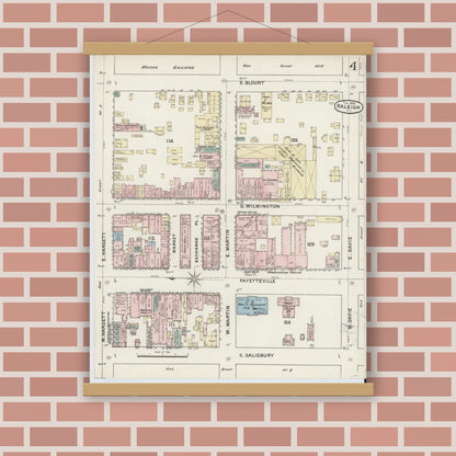 Old map wall art mockup — magnetic wood frame on brick wall — Sanborn Fire Insurance Map from Raleigh, Wake County, North Carolina (1888), Sheet #0004