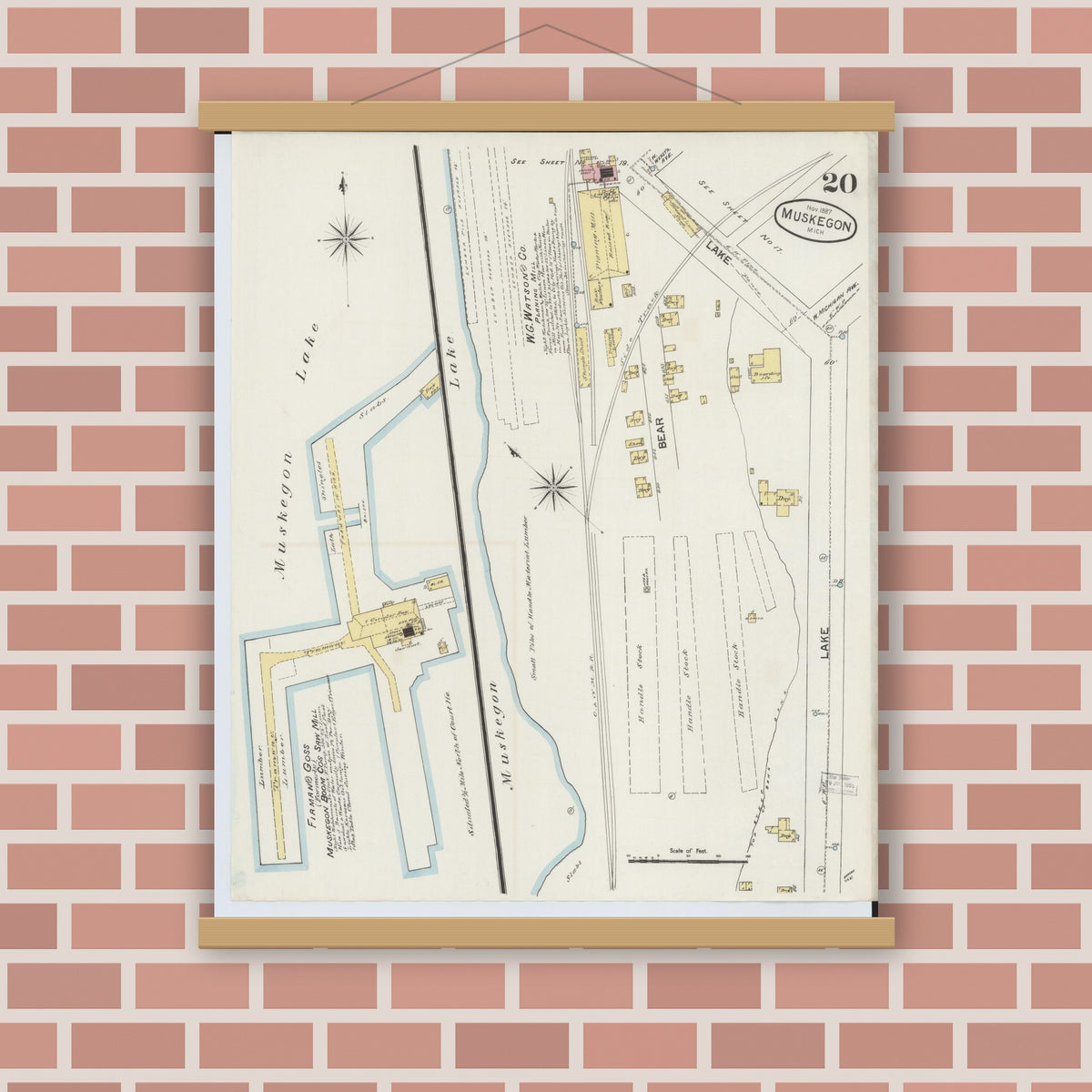 Old map wall art mockup — magnetic wood frame on brick wall — Sanborn Fire Insurance Map from Muskegon, Muskegon County, Michigan (1887), Sheet #0020