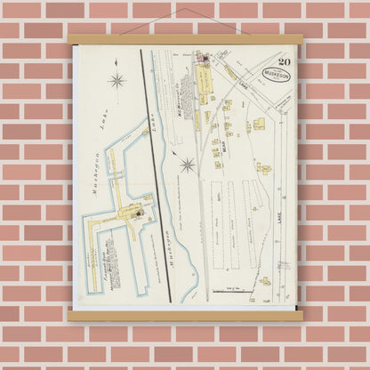 Old map wall art mockup — magnetic wood frame on brick wall — Sanborn Fire Insurance Map from Muskegon, Muskegon County, Michigan (1887), Sheet #0020