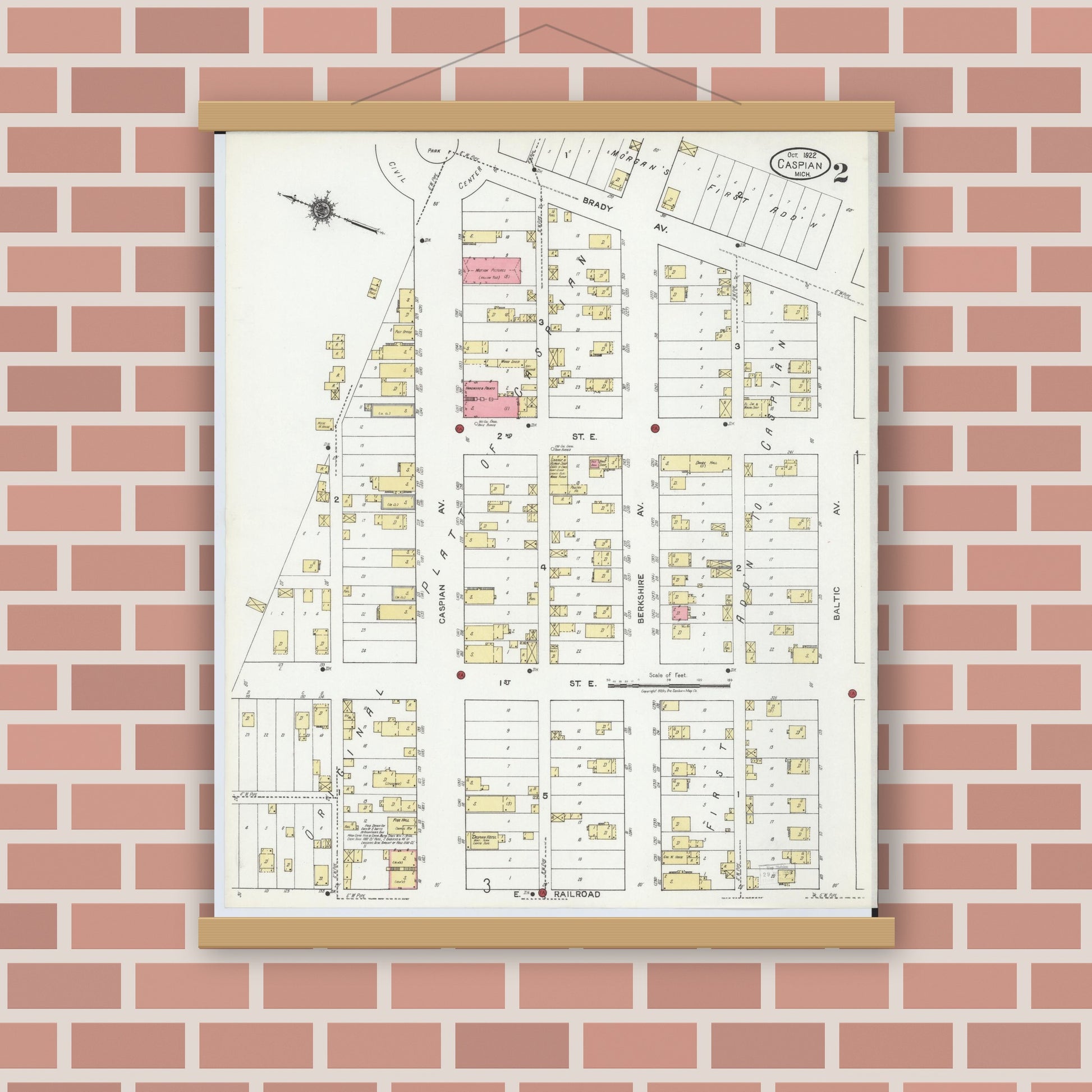 Old map wall art mockup — magnetic wood frame on brick wall — Sanborn Fire Insurance Map from Caspian, Iron County, Michigan (1922), Sheet #0002