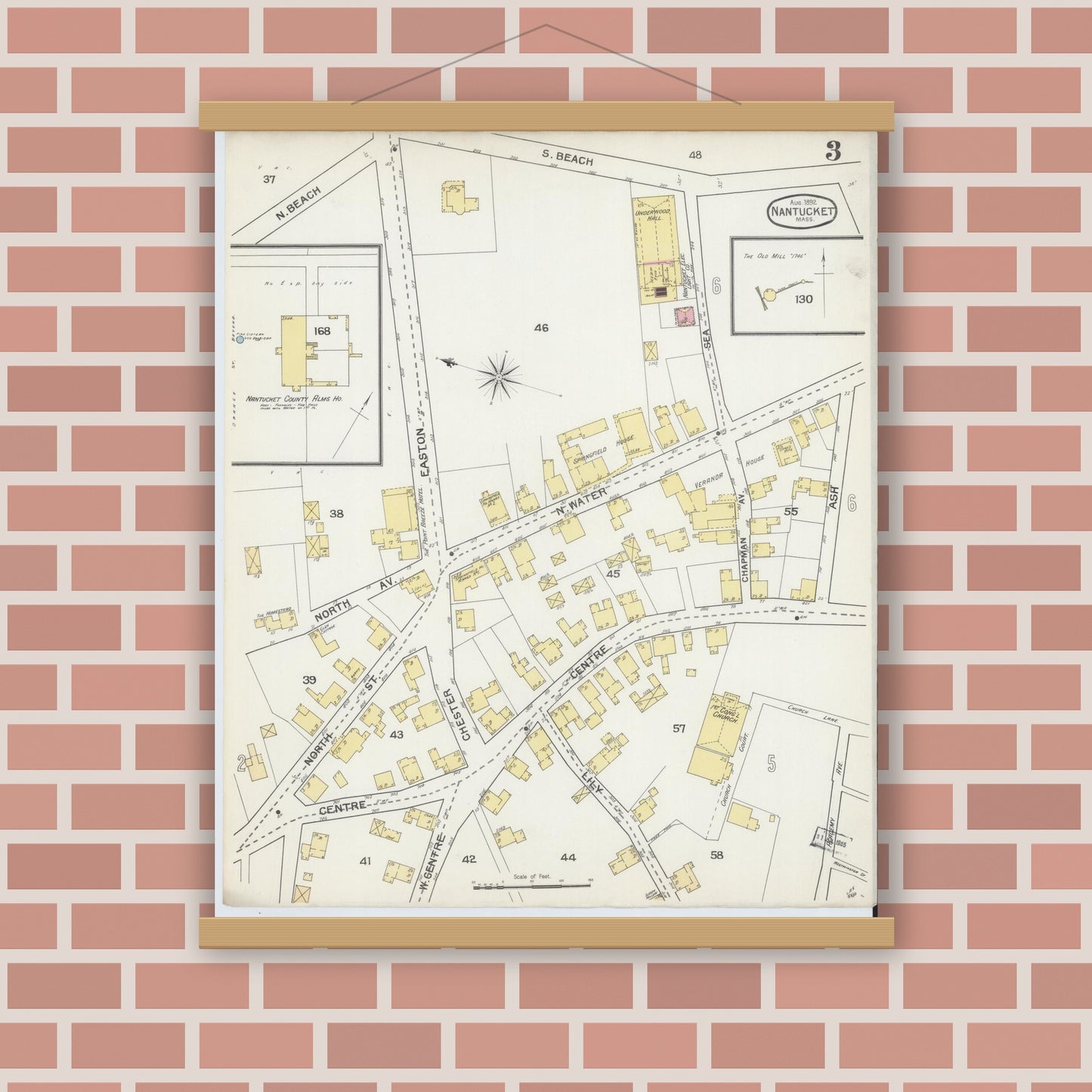 Old map wall art mockup — magnetic wood frame on brick wall — Sanborn Fire Insurance Map from Nantucket, Nantucket County, Massachusetts (1892), Sheet #0003
