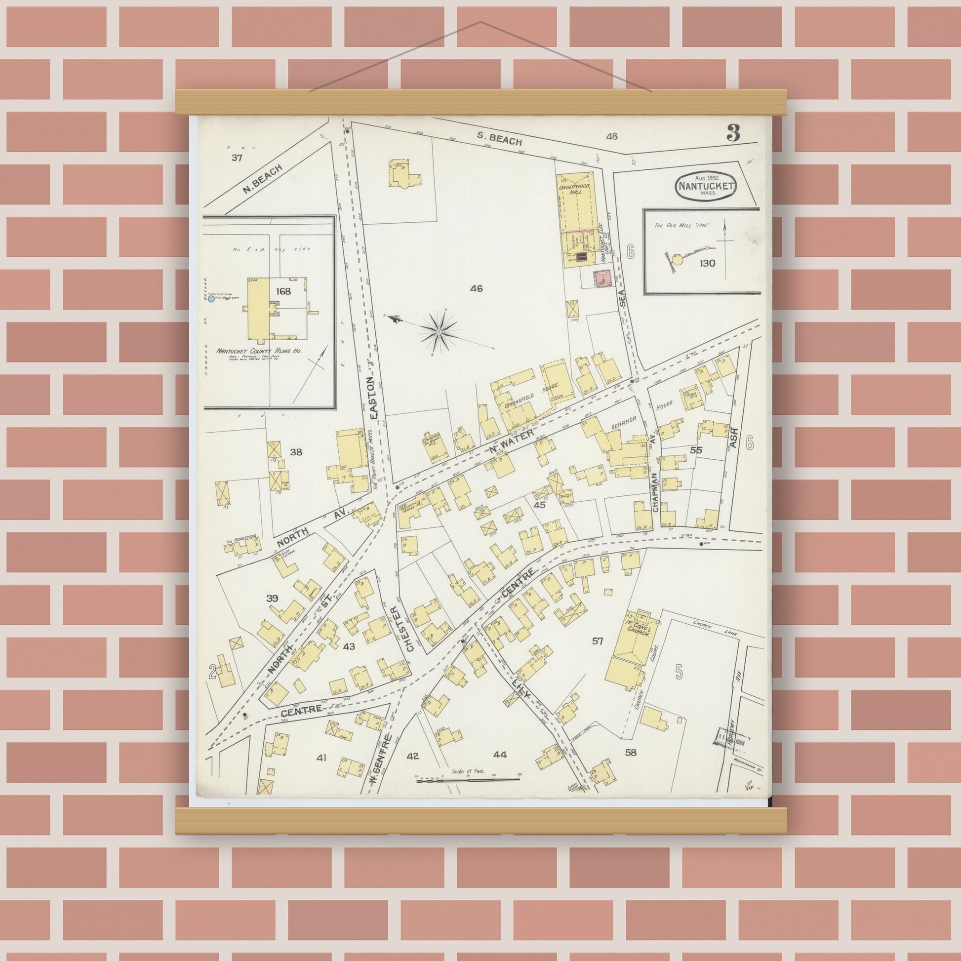 Old map wall art mockup — magnetic wood frame on brick wall — Sanborn Fire Insurance Map from Nantucket, Nantucket County, Massachusetts (1892), Sheet #0003