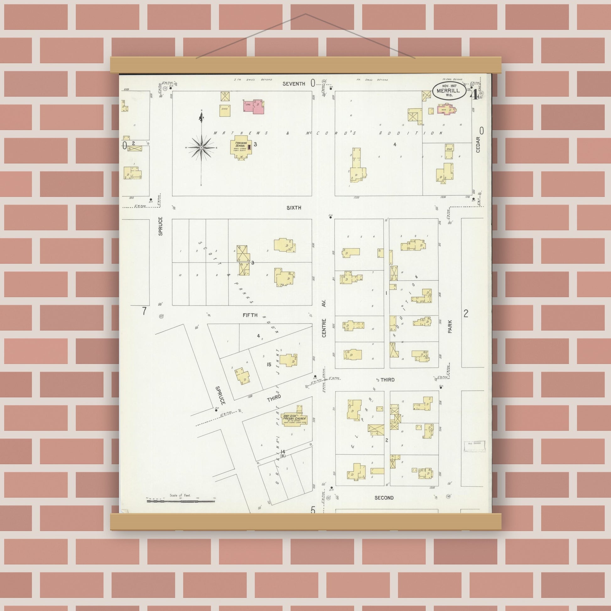 Old map wall art mockup — magnetic wood frame on brick wall — Sanborn Fire Insurance Map from Merrill, Lincoln County, Wisconsin (1907), Sheet #0004