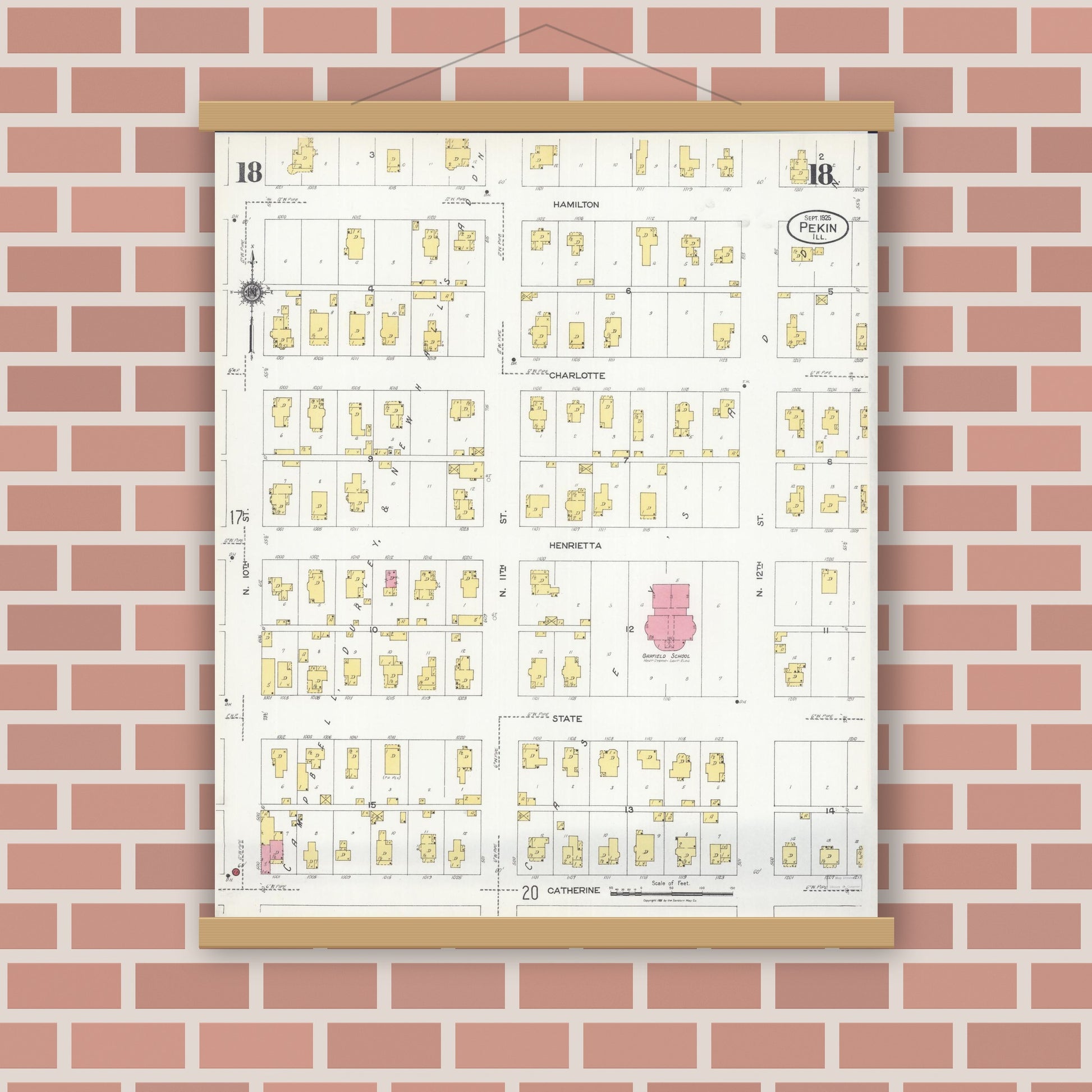 Old map wall art mockup — magnetic wood frame on brick wall — Sanborn Fire Insurance Map from Pekin, Tazewell County, Illinois (1925), Sheet #0018