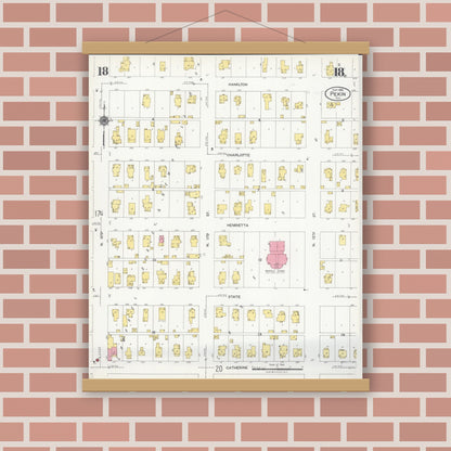 Old map wall art mockup — magnetic wood frame on brick wall — Sanborn Fire Insurance Map from Pekin, Tazewell County, Illinois (1925), Sheet #0018