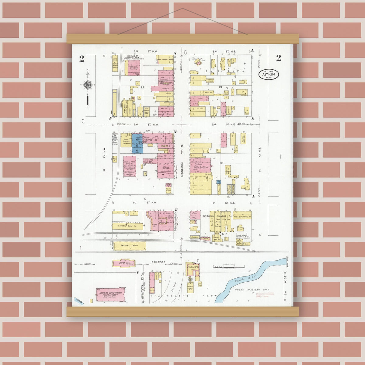 Old map wall art mockup — magnetic wood frame on brick wall — Sanborn Fire Insurance Map from Aitkin, Aitkin County, Minnesota (1929), Sheet #0002