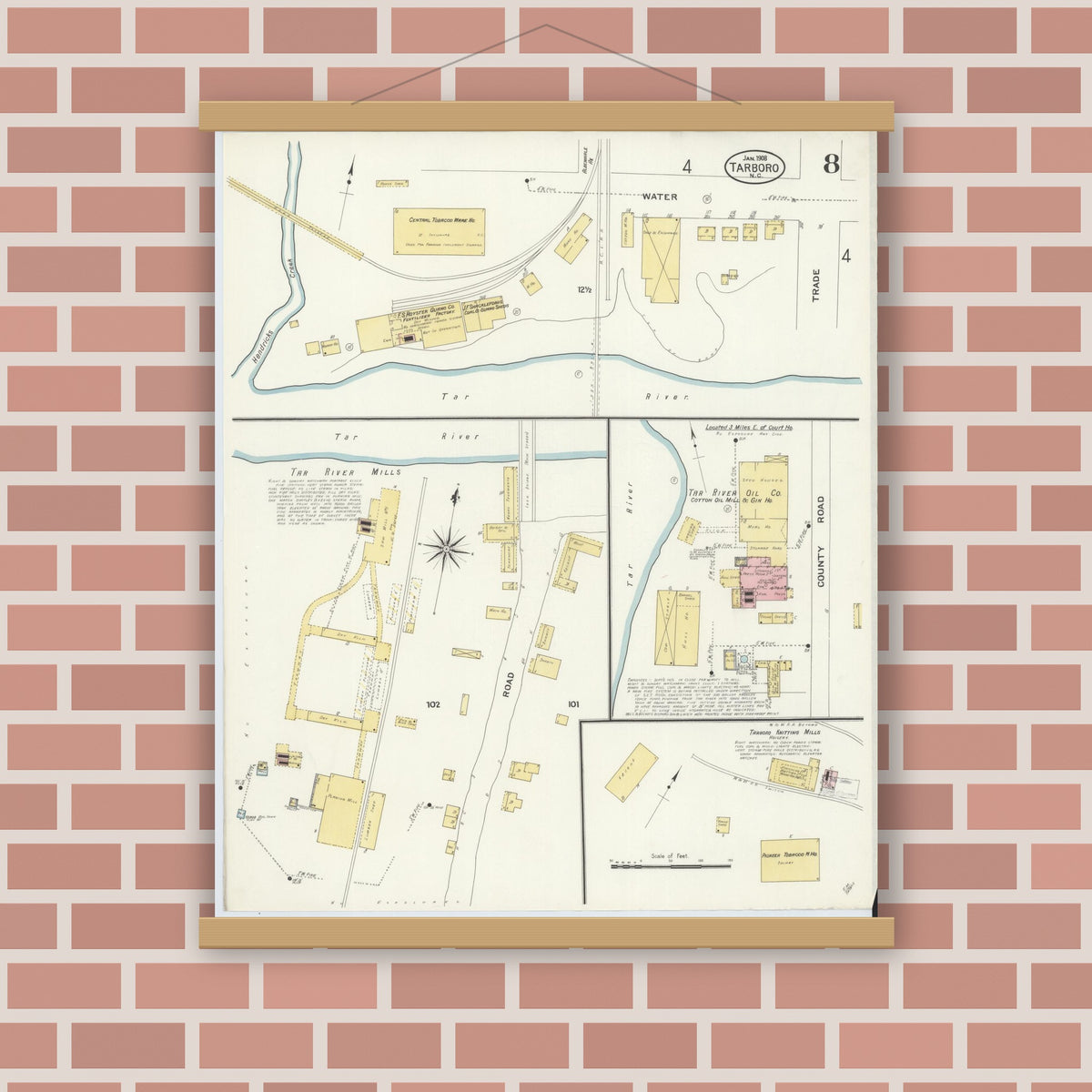 Old map wall art mockup — magnetic wood frame on brick wall — Sanborn Fire Insurance Map from Tarboro, Edgecombe County, North Carolina (1908), Sheet #0008