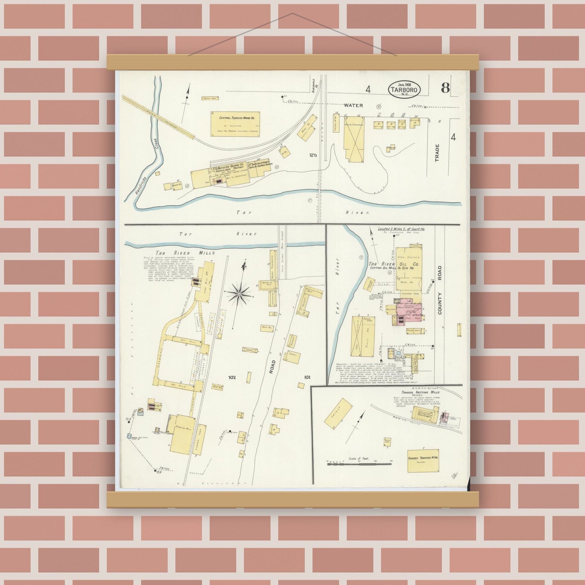 Old map wall art mockup — magnetic wood frame on brick wall — Sanborn Fire Insurance Map from Tarboro, Edgecombe County, North Carolina (1908), Sheet #0008