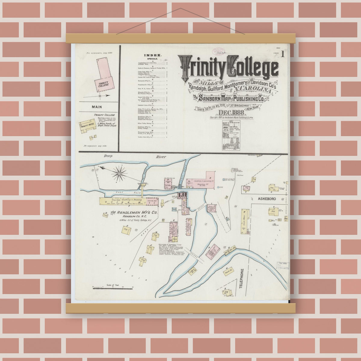 Old map wall art mockup — magnetic wood frame on brick wall — Sanborn Fire Insurance Map from Trinity College, Randolph County, North Carolina (1888) - Complete Map Set