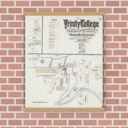Old map wall art mockup — magnetic wood frame on brick wall — Sanborn Fire Insurance Map from Trinity College, Randolph County, North Carolina (1888) - Complete Map Set