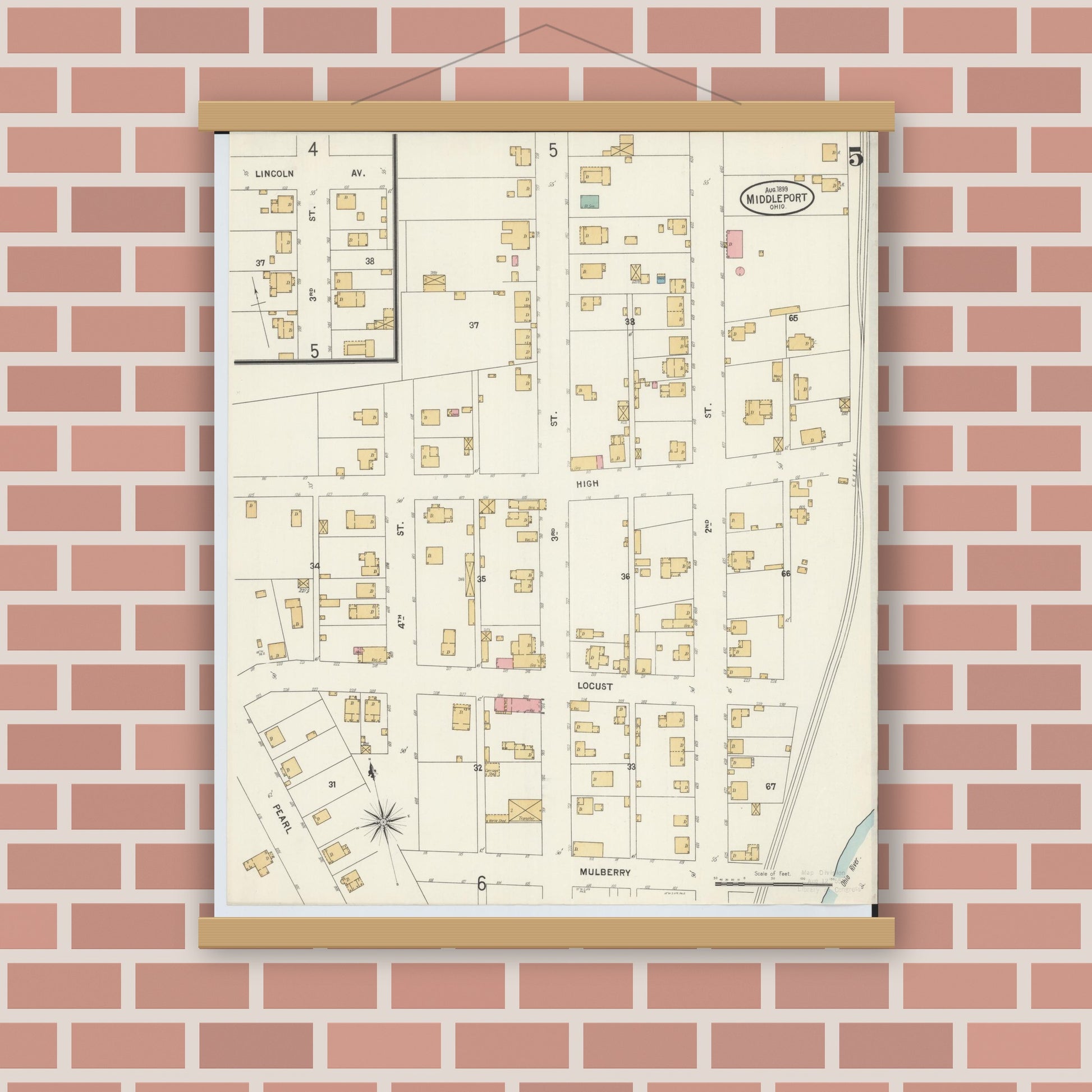 Old map wall art mockup — magnetic wood frame on brick wall — Sanborn Fire Insurance Map from Middleport, Meigs County, Ohio (1899), Sheet #0005