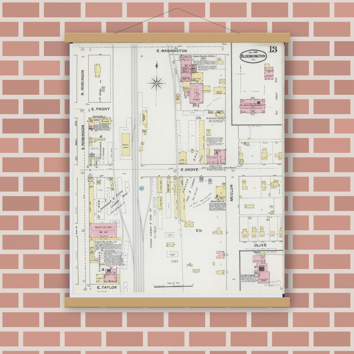 Old map wall art mockup — magnetic wood frame on brick wall — Sanborn Fire Insurance Map from Bloomington, McLean County, Illinois (1892), Sheet #0013