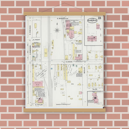 Old map wall art mockup — magnetic wood frame on brick wall — Sanborn Fire Insurance Map from Bloomington, McLean County, Illinois (1892), Sheet #0013