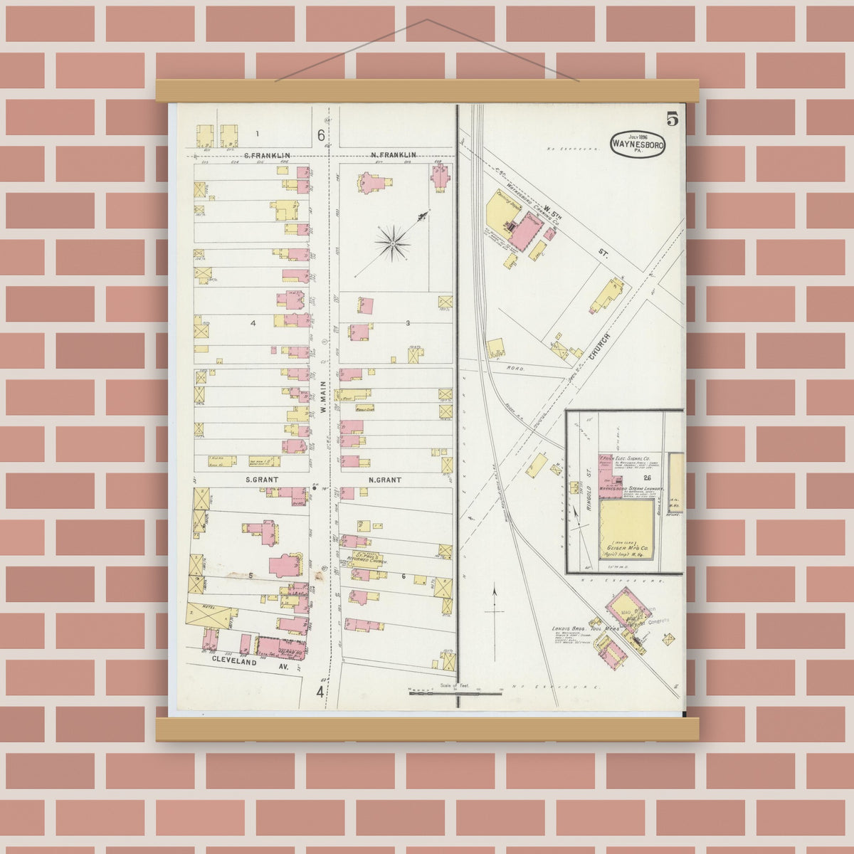Old map wall art mockup — magnetic wood frame on brick wall — Sanborn Fire Insurance Map from Waynesboro, Franklin County, Pennsylvania (1896), Sheet #0005